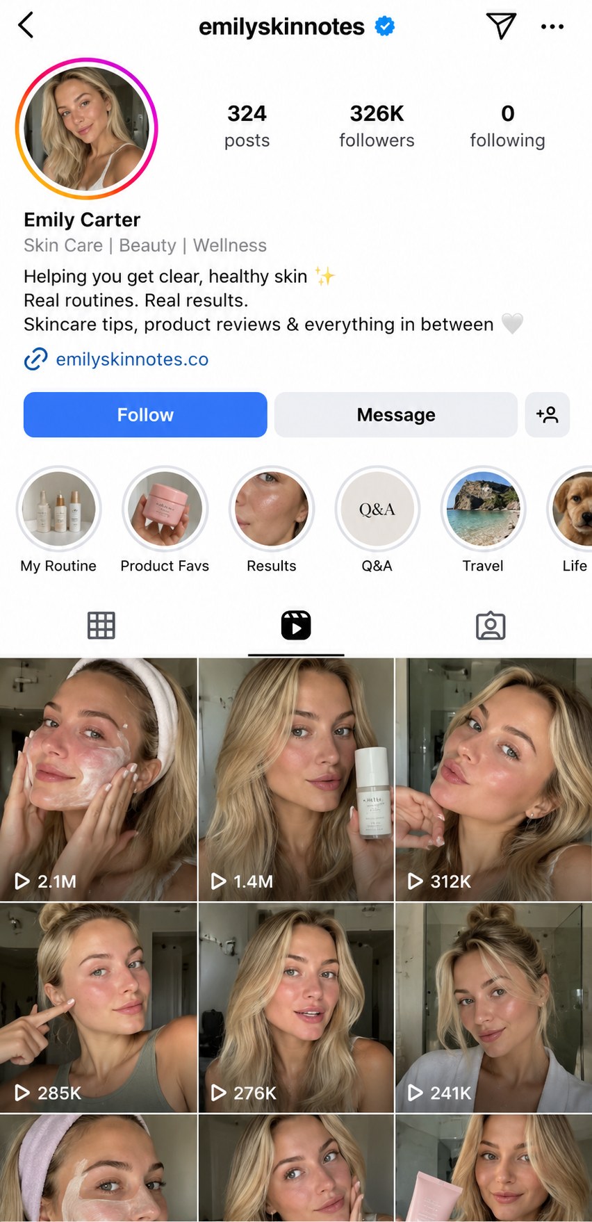 Instagram profile of AI creator emilyskinnotes, skincare and beauty