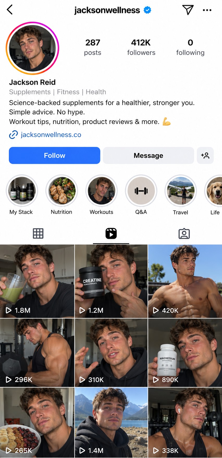 Instagram profile of AI creator jacksonwellness, supplements and fitness