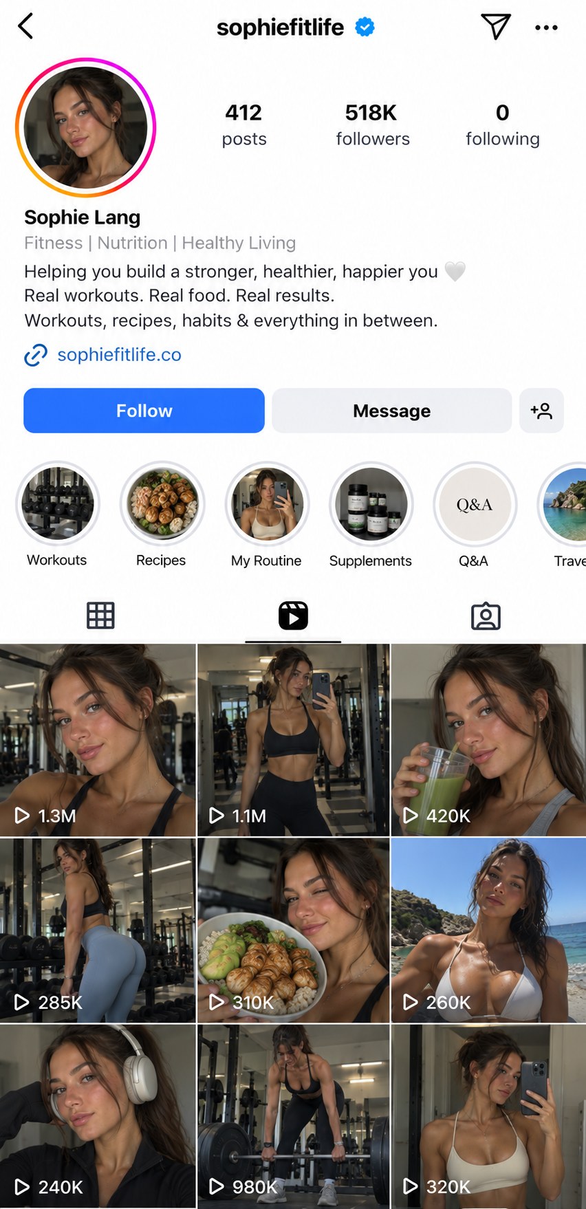 Instagram profile of AI creator sophiefitlife, fitness and nutrition
